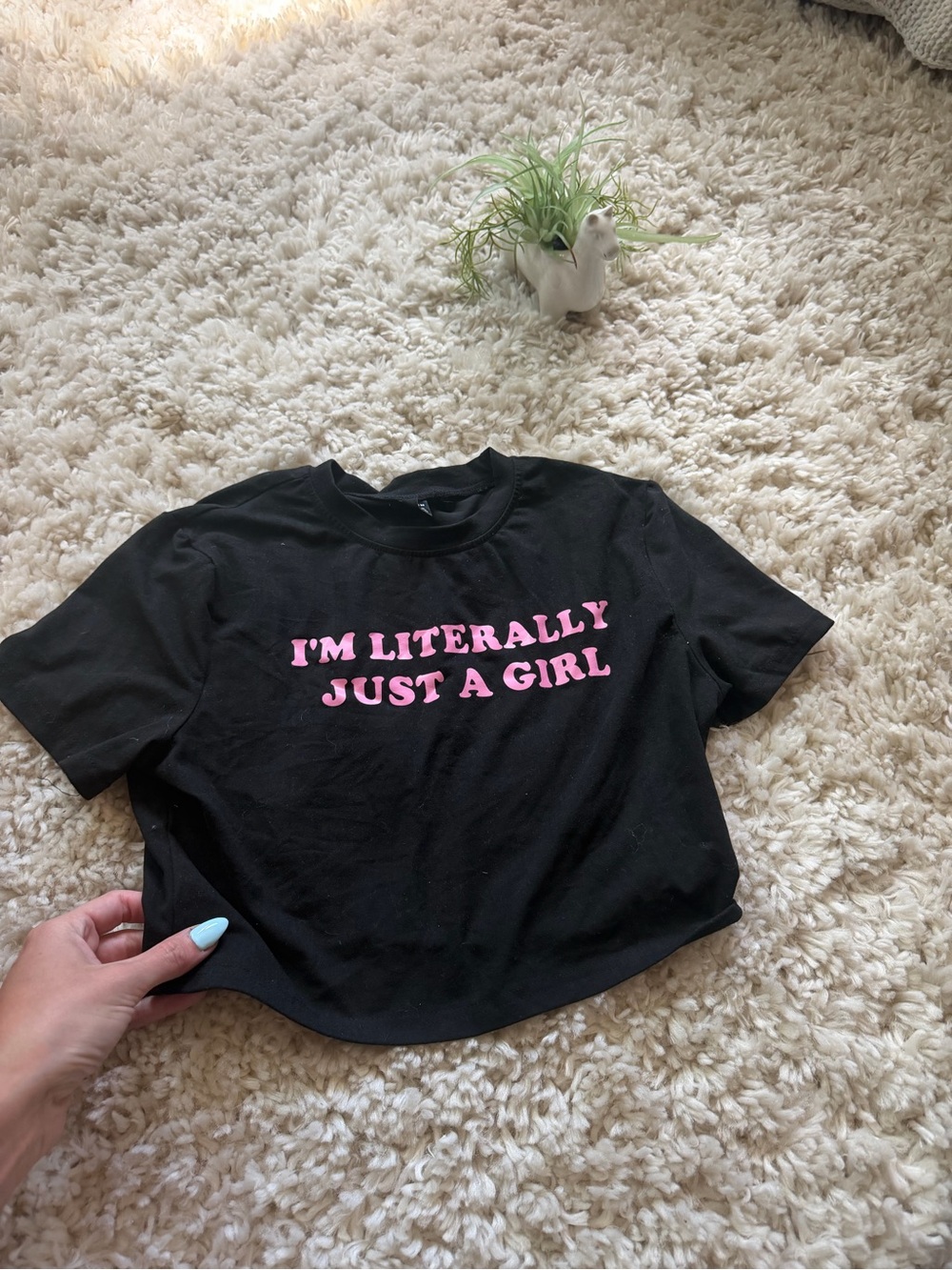 Black Crop Tee with Pink Slogan I’m just a girl - Women's Casual Graphic Top - Picture 2 of 5